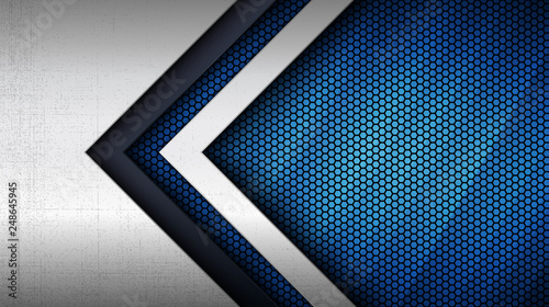 Stainless steel metal panel and hexagonal grid pattern over blue light background