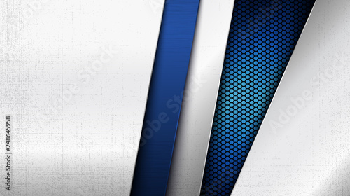 Stainless steel metal panel and hexagonal grid pattern over blue light background