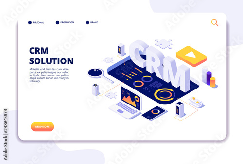 Crm concept. Customer relationship management. Business system solution. Client support landing page. Crm business marketing, management and strategy illustration