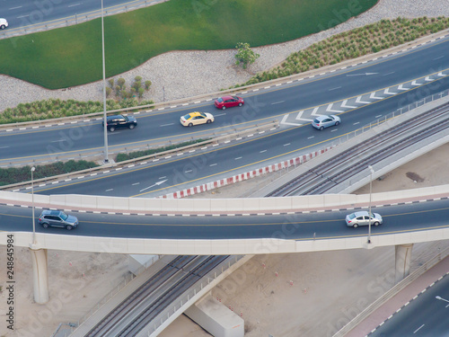 Part of a road junction from a height with road traffic in Dubai.