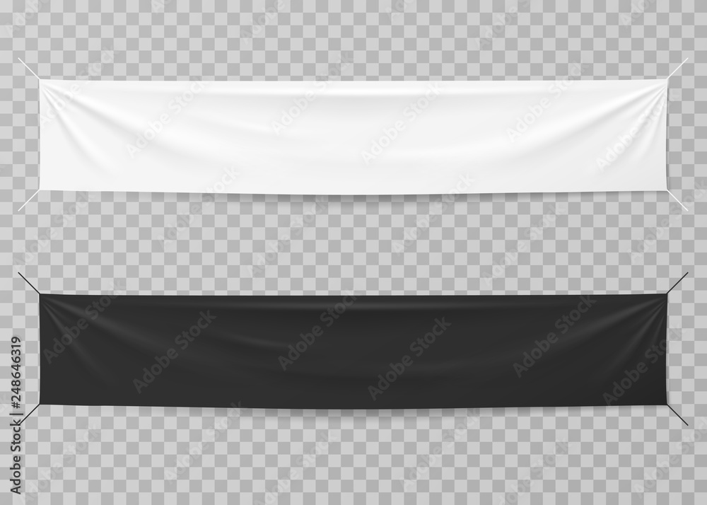 Textile banners. Black and white blank horizontal advertising cloths. Folded empty cotton stretched canvas. Vector mockup. Illustration of horizontal cotton canvas, fabric sheet