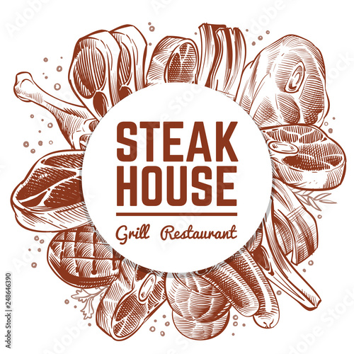 Steak house grill restaurant menu banner with hand drawn meat products. Steak house, grill restaurant banner illustration