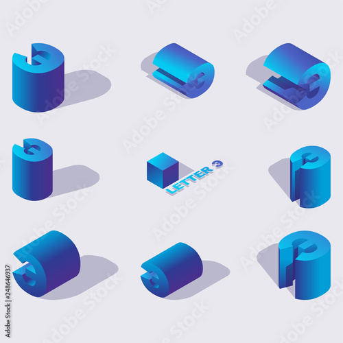Russian isometric alphabet font, cyrillic letter E or backwards e. 3d effect letters, various foreshortening with flat shadows. Stock vector typeface for logo typography design. Blue 3d letters.