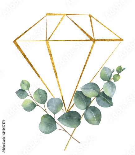 Watercolor vector wreath with green eucalyptus leaves and golden crystal.