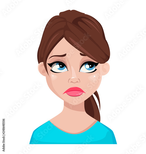 Face expressions of woman in blue blouse