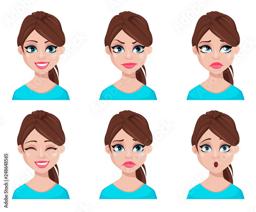 Face expressions of woman in blue blouse