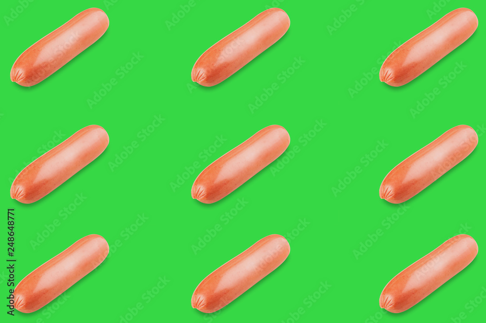 Horizontal rows of prepared long sausages on green background. Seamless pattern Horizontal rows of prepared long sausages on green background. Seamless pattern