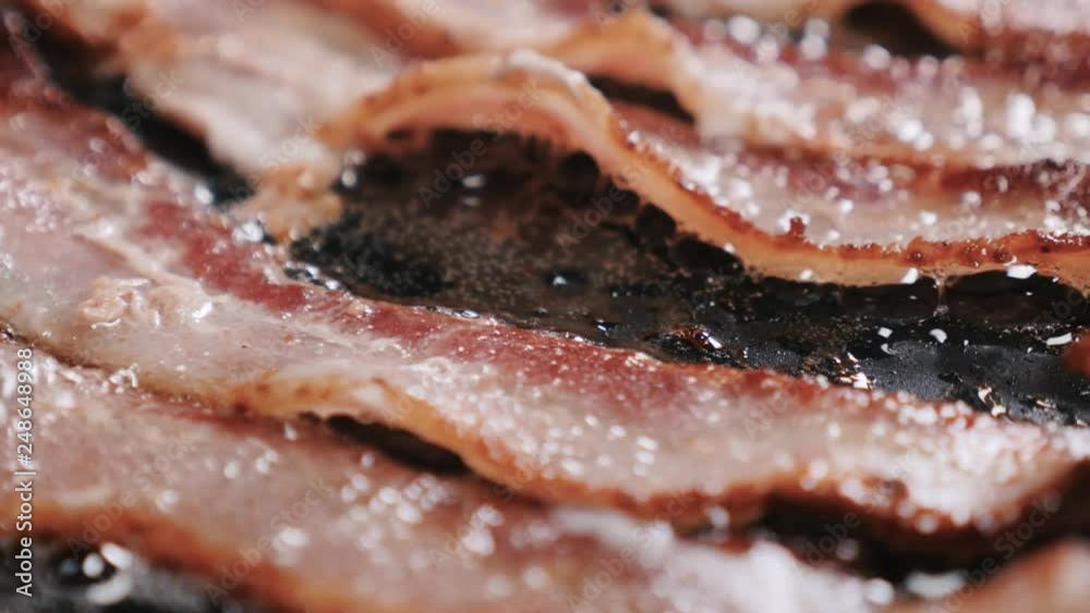 Tracking Shot Of Bacon Squashing On Hot Oil. Camera moving slowly over a close-up view of bacon slices with frying over a stove. Tracking Shot Of Bacon Squashing On Hot Oil. Camera moving slowly over a close-up view of bacon slices with frying over a stove.