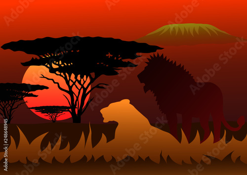 Africa landscape with lions sunset and Kilimanjaro