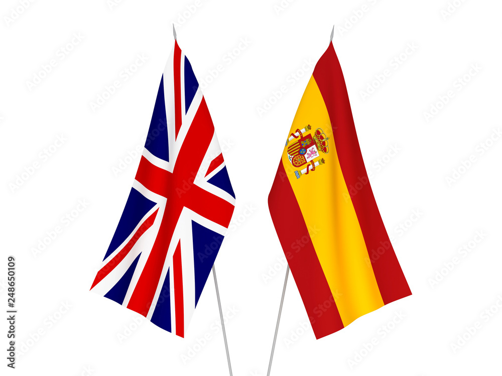 National fabric flags of Great Britain and Spain isolated on white background. 3d rendering illustration.
