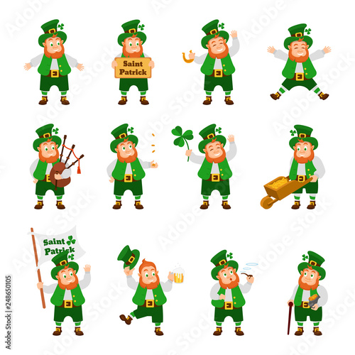 Set of funny Irish fantastic character, leprechaun in different poses.