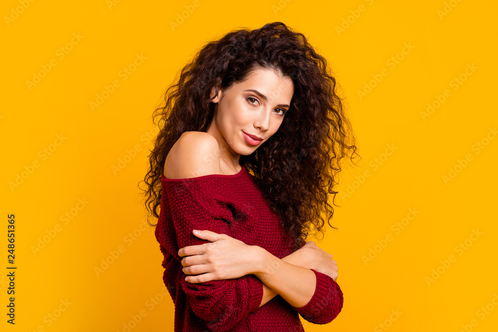 Close up side profile photo amazing beautiful her she lady holding herself in hugs self-confident I love myself wearing red knitted sweater pullover clothes outfit isolated yellow background Close up side profile photo amazing beautiful her she lady holding herself in hugs self-confident I love myself wearing red knitted sweater pullover clothes outfit isolated yellow background