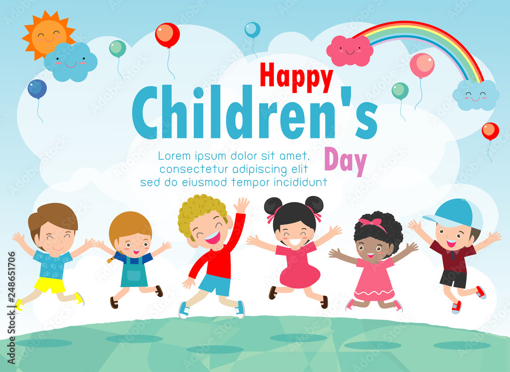 Happy children's day background poster with happy kids vector ...