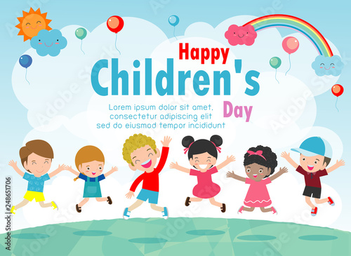 Happy children's day background poster with happy kids vector illustration