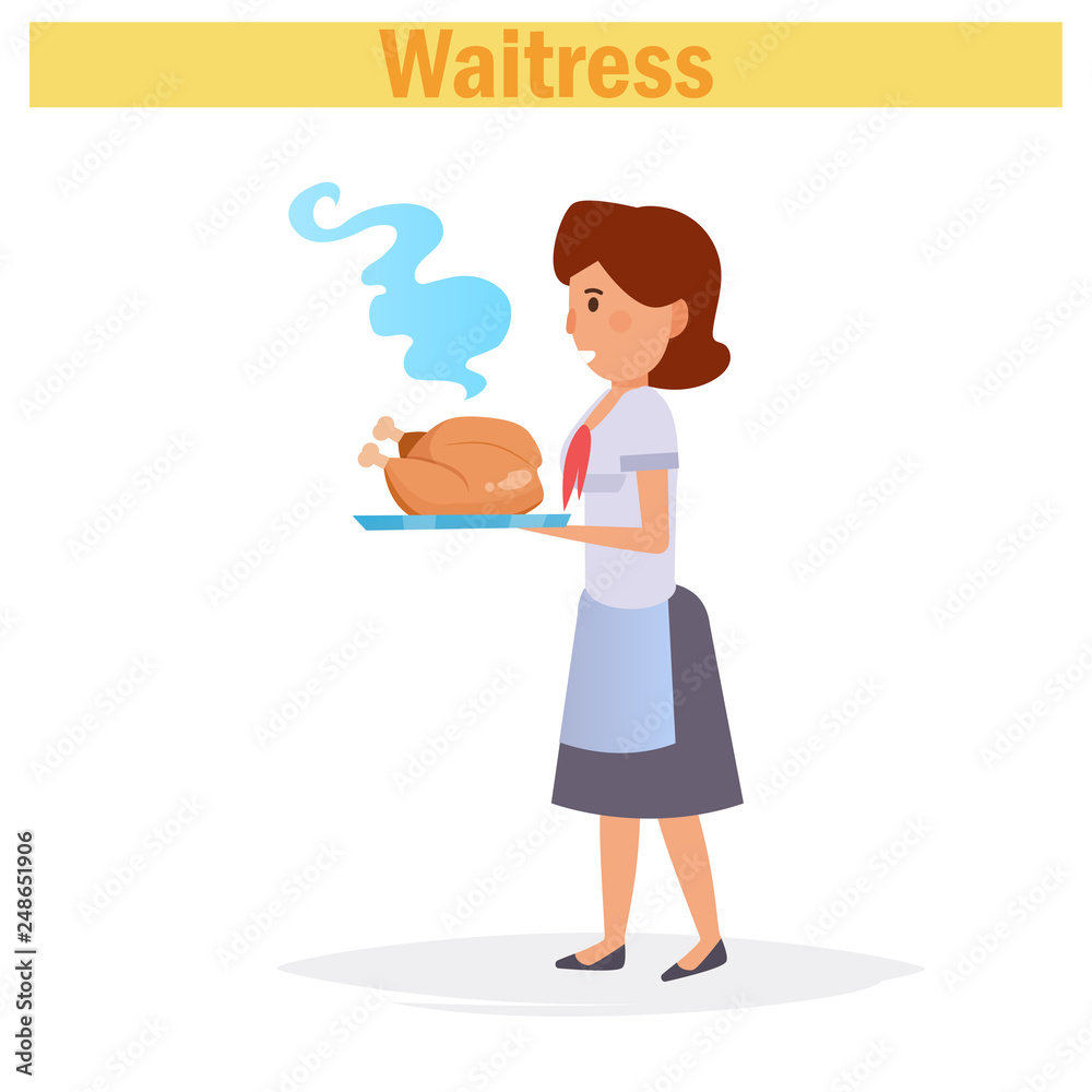 Waitress Vector. Cartoon. Isolated art on white background. Flat Waitress Vector. Cartoon. Isolated art on white background. Flat