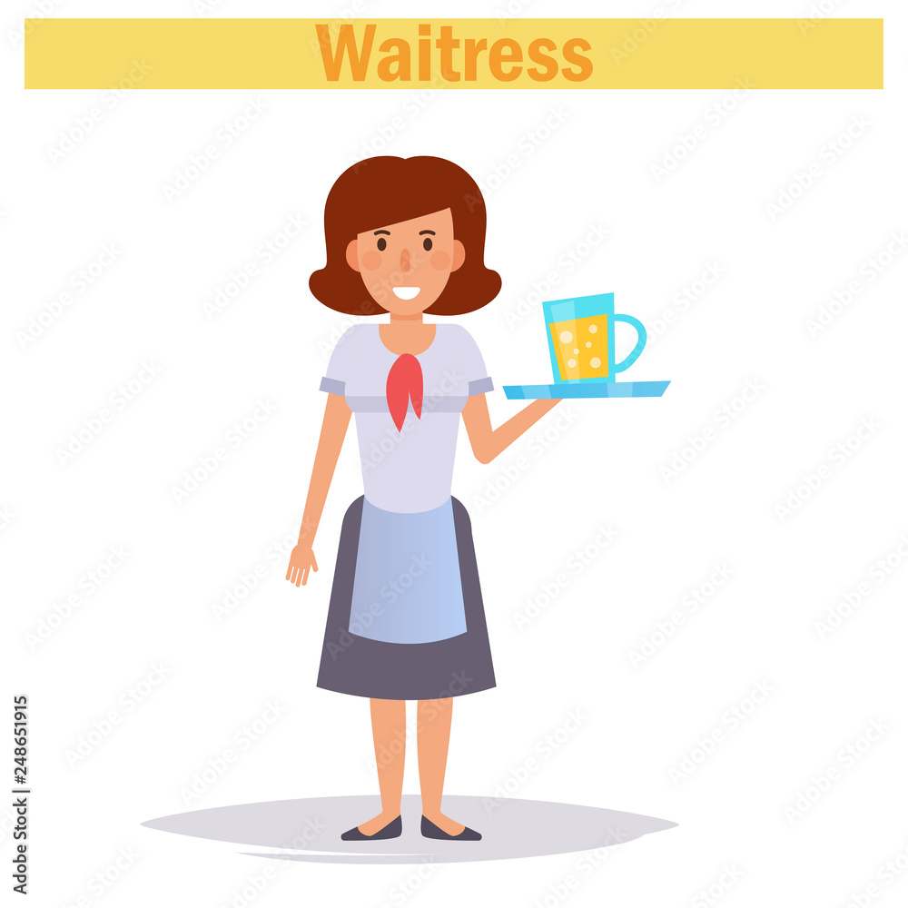Waitress Vector. Cartoon. Isolated art on white background. Flat Waitress Vector. Cartoon. Isolated art on white background. Flat