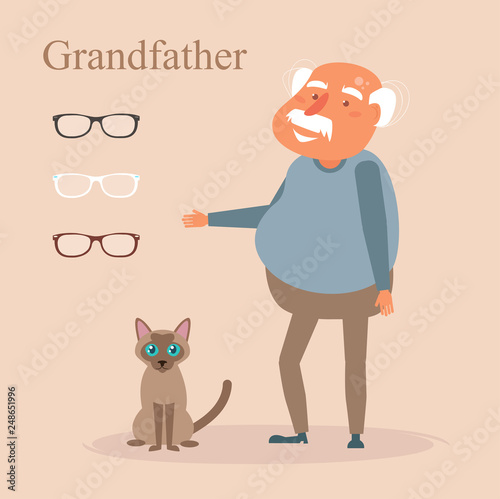 Grandfather and Siamese cat. Glasses Vector. Cartoon. Isolated art