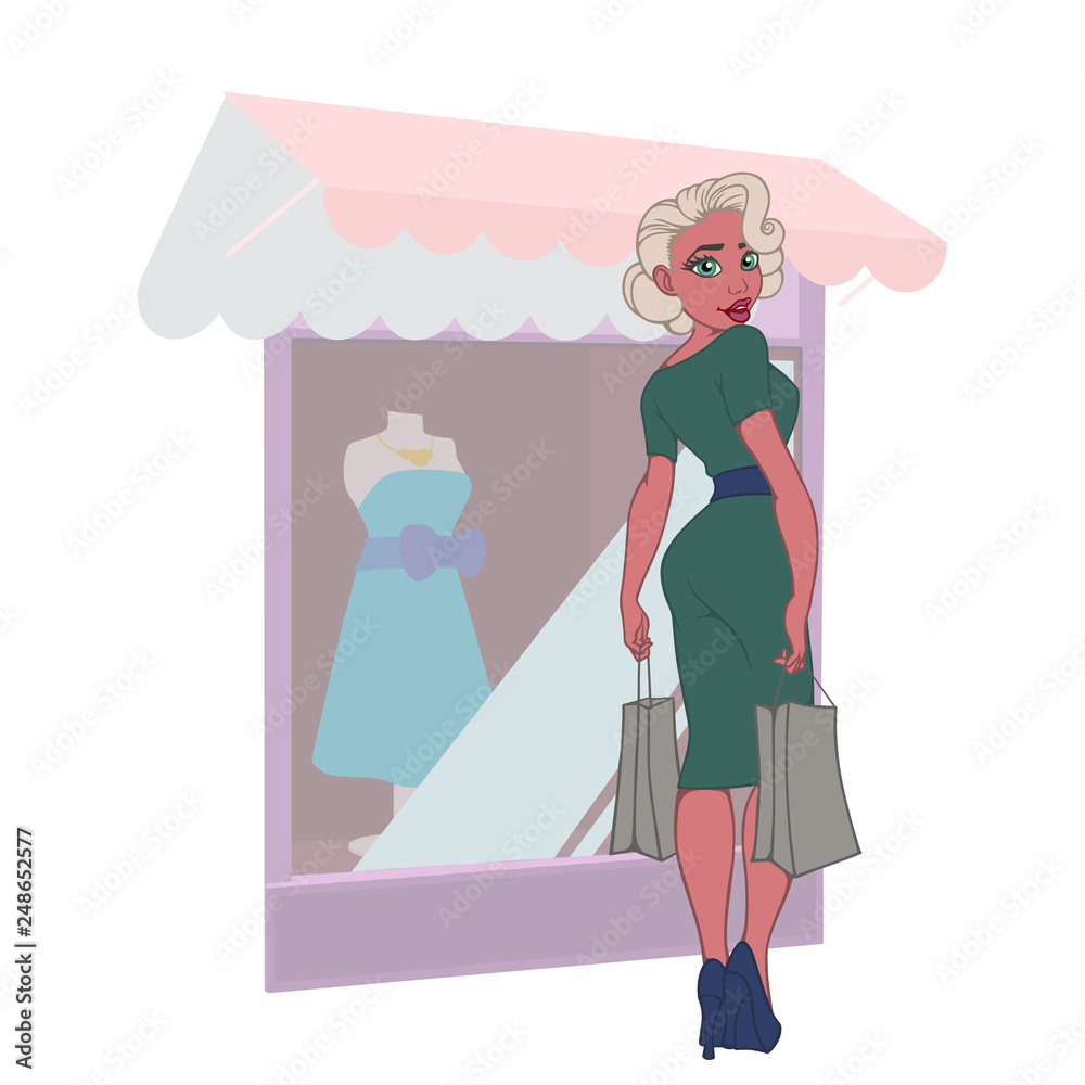 fashion girl with bags in the store. Customer. Sales Funny cartoon character. fashion girl with bags in the store. Customer. Sales Funny cartoon character.
