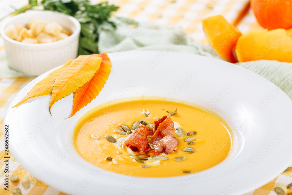 Pumpkin Cream Soup Healthy Lunch Closeup Side View Pumpkin Cream Soup Healthy Lunch Closeup Side View