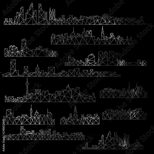 Set of vector cities in style of Poly Low on black background
