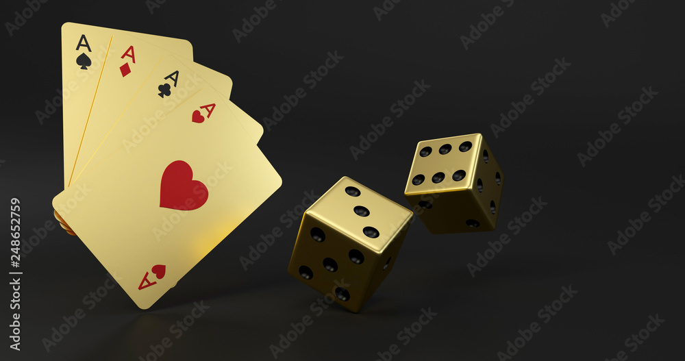 Golden Four Aces And Dices Isolated On The Black Background - 3D Illustration Golden Four Aces And Dices Isolated On The Black Background - 3D Illustration