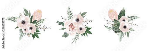 Vector floral bouquet design anemone, Eucalyptus branch . Wedding vector invite card Watercolor designer element set.
