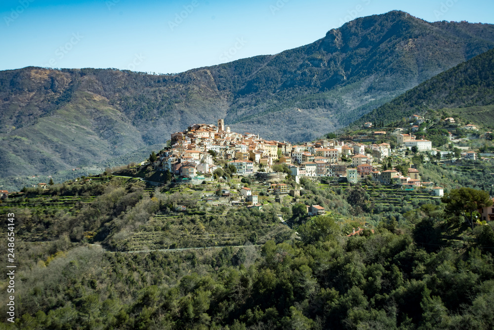 The ancient town of Perinaldo high in the mountains of Liguria in Western Italy