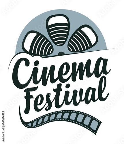 Vector icon for cinema festival with old film strip reel and calligraphic inscription. Retro movie banner, can be used for poster, flyer, billboard, web page, background, ticket