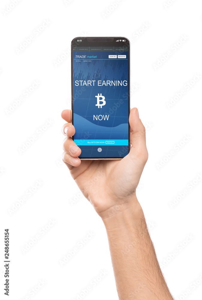 Bitcoin earning application on smartphone screen isolated Bitcoin earning application on smartphone screen isolated