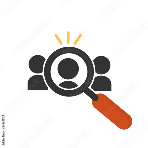 Magnifying glass searching a person. Human resource symbol flat design