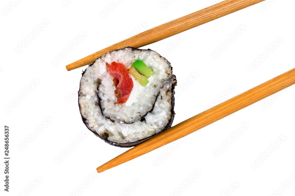 sushi roll in chopstick on white sushi roll in chopstick on white