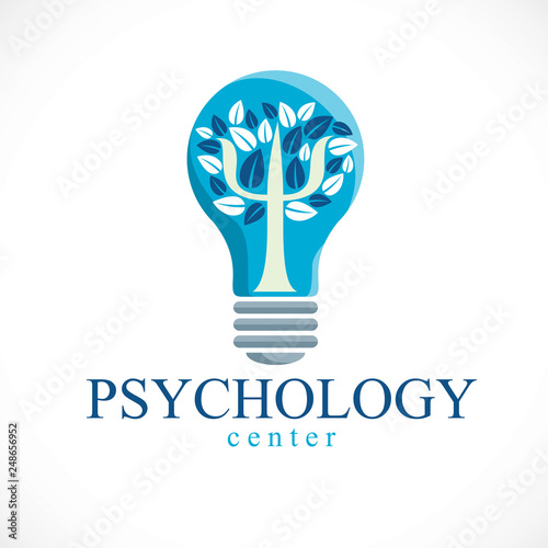 Psychology concept vector logo or icon created with Greek Psi symbol as a tree with leaves inside of idea light bulb, mental health concept, psychoanalysis analysis and psychotherapy therapy.