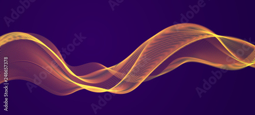 3d particles mesh array, sound wave flowing over dark. Round shining points vector effect illustration. Blended mesh, future technology relaxing wallpaper.
