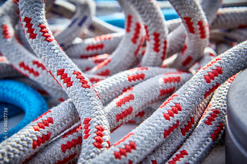 sailing ropes on a yacht close-up. line used to control the angle of the mainsail to the wind