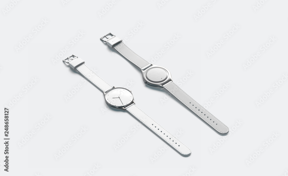 Blank white lying watch with wristlet mockup, isolated, side view, 3d rendering. Empty minimalistic clock mock up, front and back. Clear timer jewelry with bracelet template. Blank white lying watch with wristlet mockup, isolated, side view, 3d rendering. Empty minimalistic clock mock up, front and back. Clear timer jewelry with bracelet template.