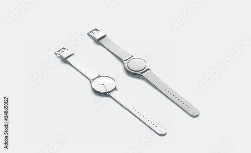 Blank white lying watch with wristlet mockup, isolated, side view, 3d rendering. Empty minimalistic clock mock up, front and back. Clear timer jewelry with bracelet template. © Alexandr Bognat