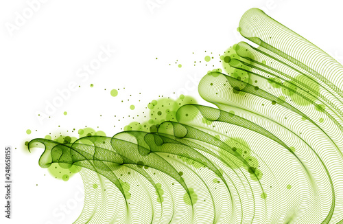 Vector abstract background with wave of flowing particles, smooth curve shape lines, transparent tulle textile on wind. 3d shape dots magic blended mesh.