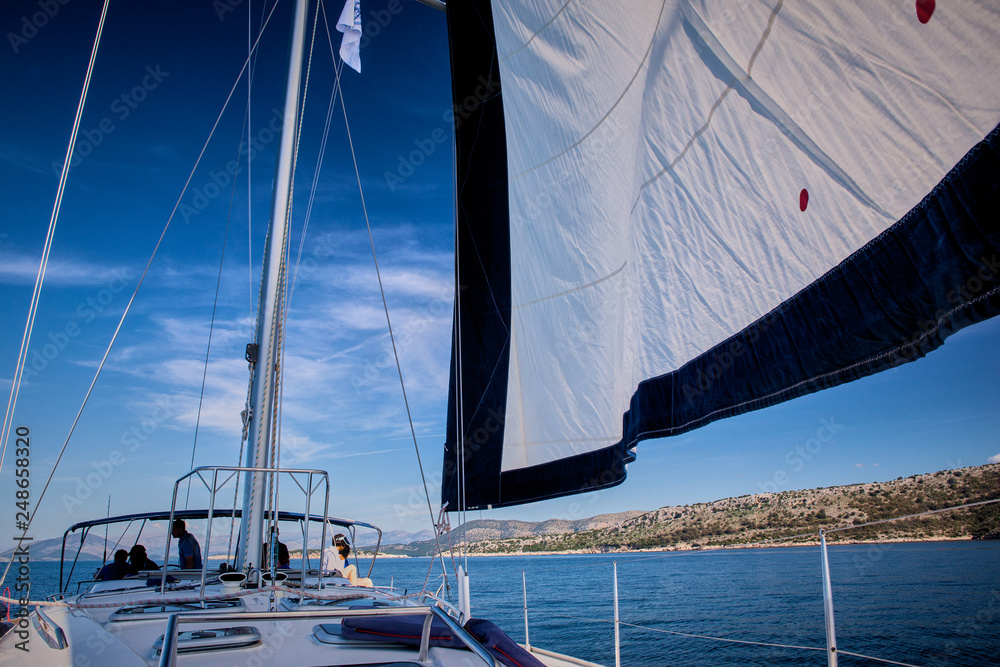 Obraz premium Yacht in the sea view from the deck. Luxury Lifestyle