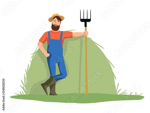 The Jolly farmer is on the background of haystack
