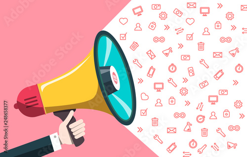 Announcement Concept with Icons and Megaphone. Vector Web Communication Design.