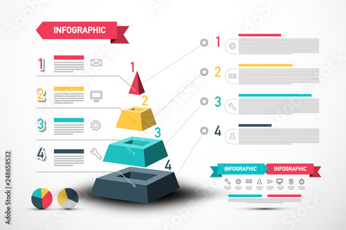 Infographic Vector Design with Pyramid and Sample Texts. Four Steps Infographics Layout. Web Design Data Flow Concept.