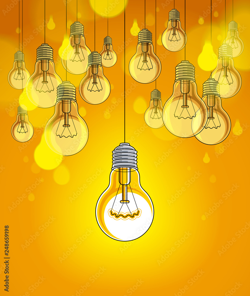 Light bulbs beautiful vector illustration with single one shining, idea concept, think different, stand out of crowd, creative inspiration. Light bulbs beautiful vector illustration with single one shining, idea concept, think different, stand out of crowd, creative inspiration.