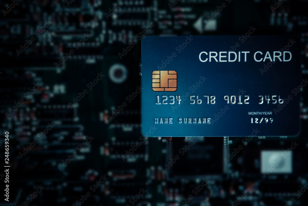 Technology credit card on mainboard. - Image Technology credit card on mainboard. - Image
