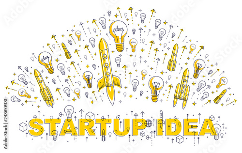 Startup rockets take off, space rockets flying start up business concept, vector illustration.