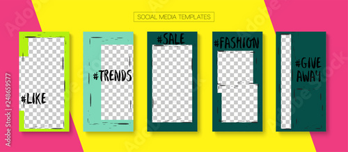 Editable Stories Minimal Vector Layout. Social Media Like and Share, Trends, Sale -50 Photo Frames Kit. Sale Insta Stories Layout