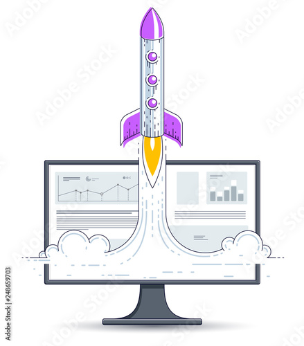 Startup rocket take off over computer monitor, space rocket flying start up internet business concept, online finance, marketplace or shop, vector illustration.