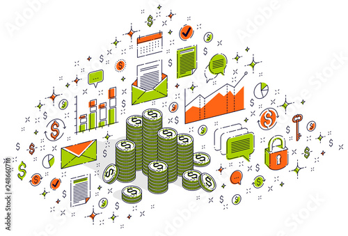 Cash money coin cent stacks isolated on white background. 3d vector business and finance isometric illustration with icons  stats charts and design elements.