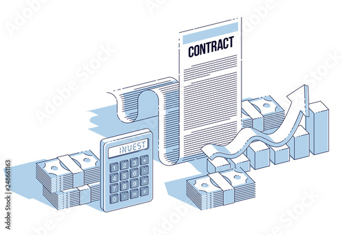 Financial contract concept, paper document and cash money stacks with calculator and growth bar chart isolated. Isometric vector business and finance illustration, 3d thin line design.