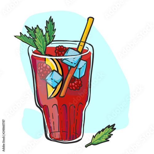 raspberry lemonade in a glass with ice and mint