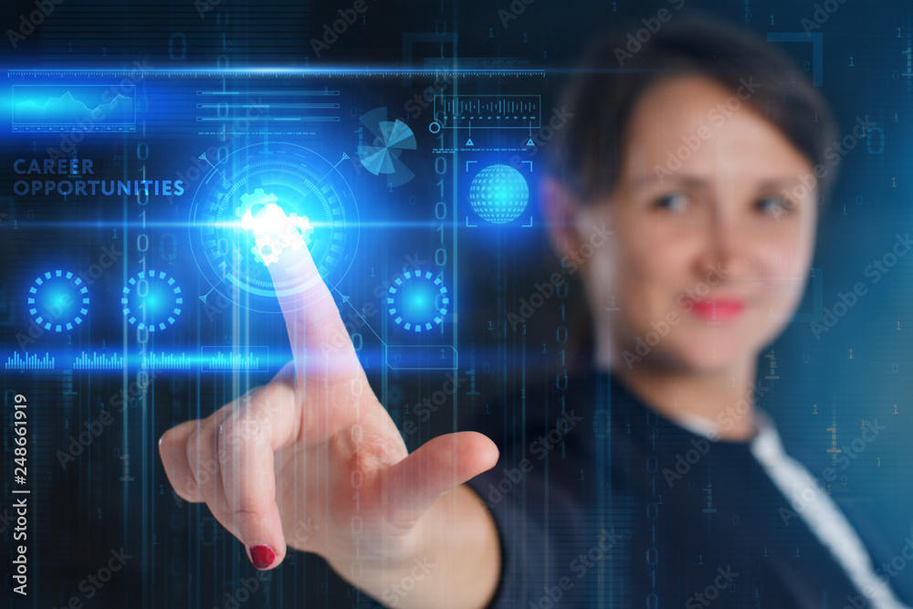The concept of business, technology, the Internet and the network. A young entrepreneur working on a virtual screen of the future and sees the inscription: Career opportunities The concept of business, technology, the Internet and the network. A young entrepreneur working on a virtual screen of the future and sees the inscription: Career opportunities
